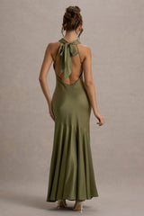Amelita Khaki Satin Cowl Neck Maxi Dress