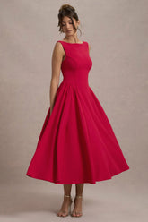 Muriel Red Boat Neck Volume Hem Midi Dress
