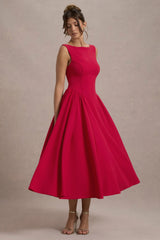 Muriel Red Boat Neck Volume Hem Midi Dress