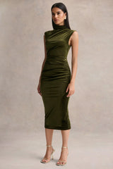 Novine Olive Velvet High Neck Midi Dress