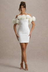 Von White Bardot Mini Dress With Ruffle Trim
