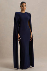 Mimi Navy High Neck Maxi Dress With Cape Sleeve Detail