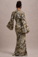 Casarile Snake Print V Neck Balloon Sleeve Maxi Dress