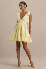 Corrina Lemon Broderie Plunge Neck Mini Dress