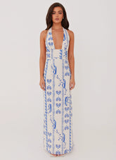 Sky Linen Maxi Dress Floral Wave