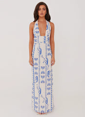 Sky Linen Maxi Dress Floral Wave