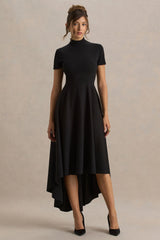 Bellona Black High Neck High Low Midi Dress