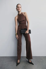 Logan Faux Suede Halter Top Dark Chocolate