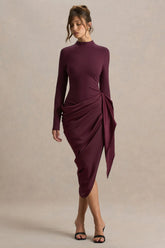 Raffie Plum Long Sleeve Midi Dress With Satin Wrap Skirt