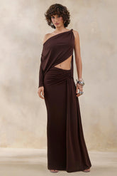 Layla Brown Asymmetric Neck Wrap Maxi Dress With Body Cut Out And Ruched Detailing