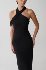 Sable Crossover Crepe Midi Dress Black