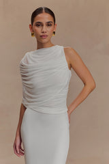 Pruedance Slinky Draped Top With Mesh Overlay White