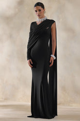 Rubelle Black Asymmetric Neck Maxi Dress With Draped Detailing