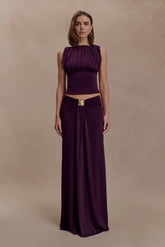 Erina Slinky Ruched Maxi Skirt With Hardware Aubergine