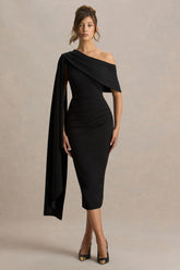 Leah Black Asymmetric Neck Midi Dress With Cape Sleeve