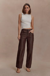 Theo Faux Leather Mid Rise Pants Dark Chocolate
