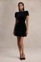 Margot Black High Neck Velvet Mini Dress With Embellished Detail