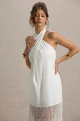 Fiametta Ecru Linen Halter Neck Fringe Maxi Dress