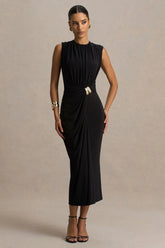 Harlow Black Crew Neck Wrapped Midi Dress