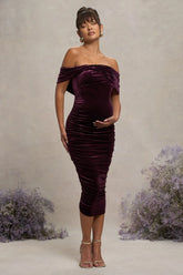 Alyssa Port Velvet Maternity Bardot Bow Maternity Midi Dress with Ruching