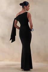 Vista Black Asymmetric Neck Maxi Dress With Knot Sleeve Detail