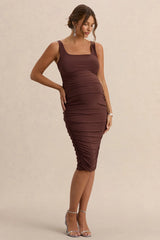 Lisbon Brown Maternity Square Neck Ruched Midi Dress