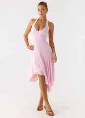 Faelie Halter Neck Asymmetrical Midi Dress Pink