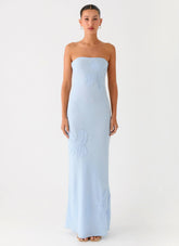 Sassafras Beaded Flower Strapless Maxi Dress Blue