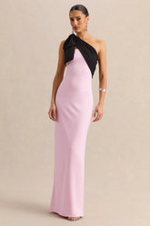 Adara Pink Black Asymmetric Neck Maxi Dress With Bow Detail