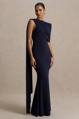 Tiana Navy Asymmetric Neck Maxi Dress With Drape Detail