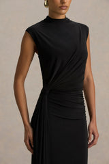 Solene Black High Neck Maxi Dress With Wrap And Drape Detail
