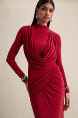 Karinthia Red High Neck Maxi Dress With Draped Detailing