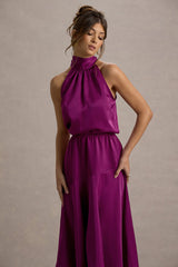 Palonia Dark Pink Satin High Neck Split Midi Dress