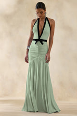 Cosmina Mint Plunge Neck Maxi Dress With Bow Detail