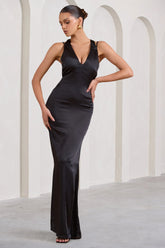 Emery Black Satin Plunge Neck Strappy Back Maxi Dress