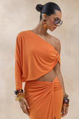 Dua Orange Asymmetric One Sleeve Draped Top