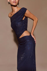Kenny Diamante One Shoulder Maxi Dress Navy