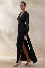 Vita Black Plunge Neck Wrap Maxi Dress