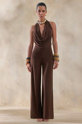 Clemence Brown Plunge Neck Jumpsuit