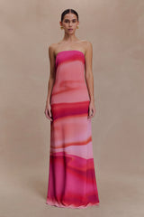 Amaya Strapless Chiffon Maxi Dress Pink Sunset Print