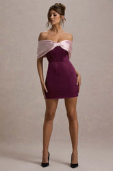 Linley Burgundy Pink Satin Bow Bardot Mini Dress
