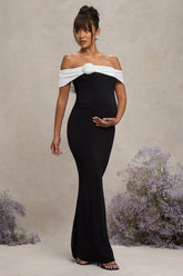 In Bloom Black White Bardot Maternity Maxi Dress With Flower