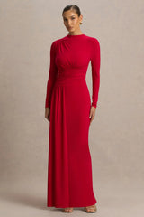 Virelle Red Boat Neck Maxi Dress With Wrap Detail And Sash