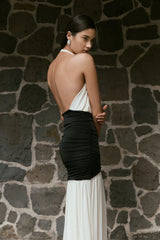 Hailee Slinky And Mesh Halter Maxi Dress Black White