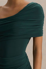 Dynasty Dark Green Asymmetric Neck Maxi Dress With Ruched Detailing And Front High Split