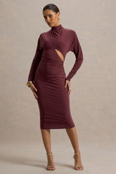 Pandora Burgundy Long Sleeve Midi Dress With Cut Out