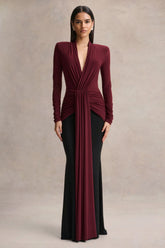 Halston Burgundy And Black Plunge Neck Maxi Dress With Gathered Detailing