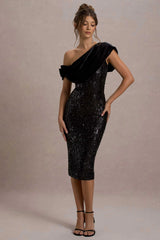 Volute Black Sequin One Shoulder Draped Midi Dress