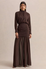 Zella Brown High Neck Maxi Dress With Sheer Skirt