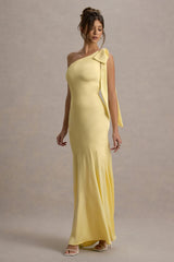 Here For Love Pale Lemon Satin Asymmetric Maxi Dress With Bow